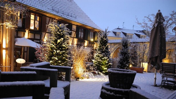 Un patio cubierto de nieve con bancos de madera y un árbol de Navidad.