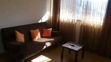A living room with a sofa, two orange cushions, a coffee table, and a window with curtains.