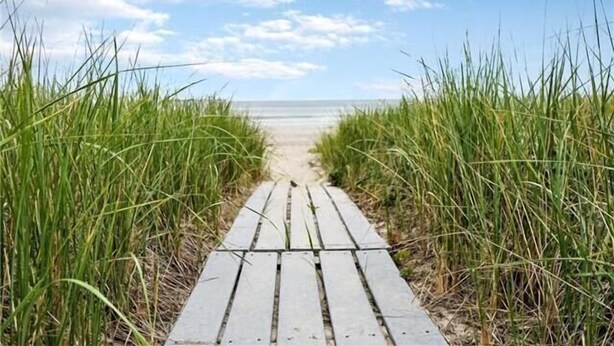 Un sentier en bois menant à une plage.