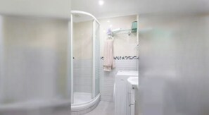 Combined shower/bathtub, hair dryer, towels, soap
