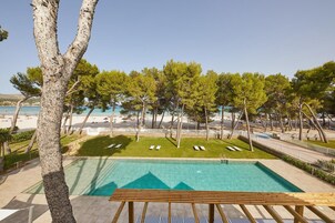 Outdoor pool, pool umbrellas, pool loungers