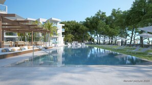 Outdoor pool, pool umbrellas, sun loungers
