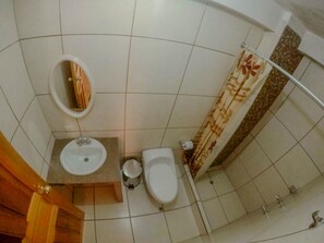 Shower, free toiletries, towels, soap