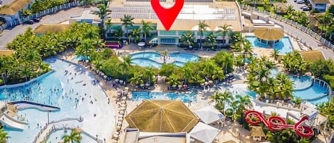 15 outdoor pools, pool umbrellas, pool loungers