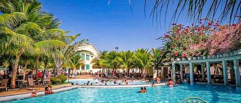 15 outdoor pools, pool umbrellas, sun loungers