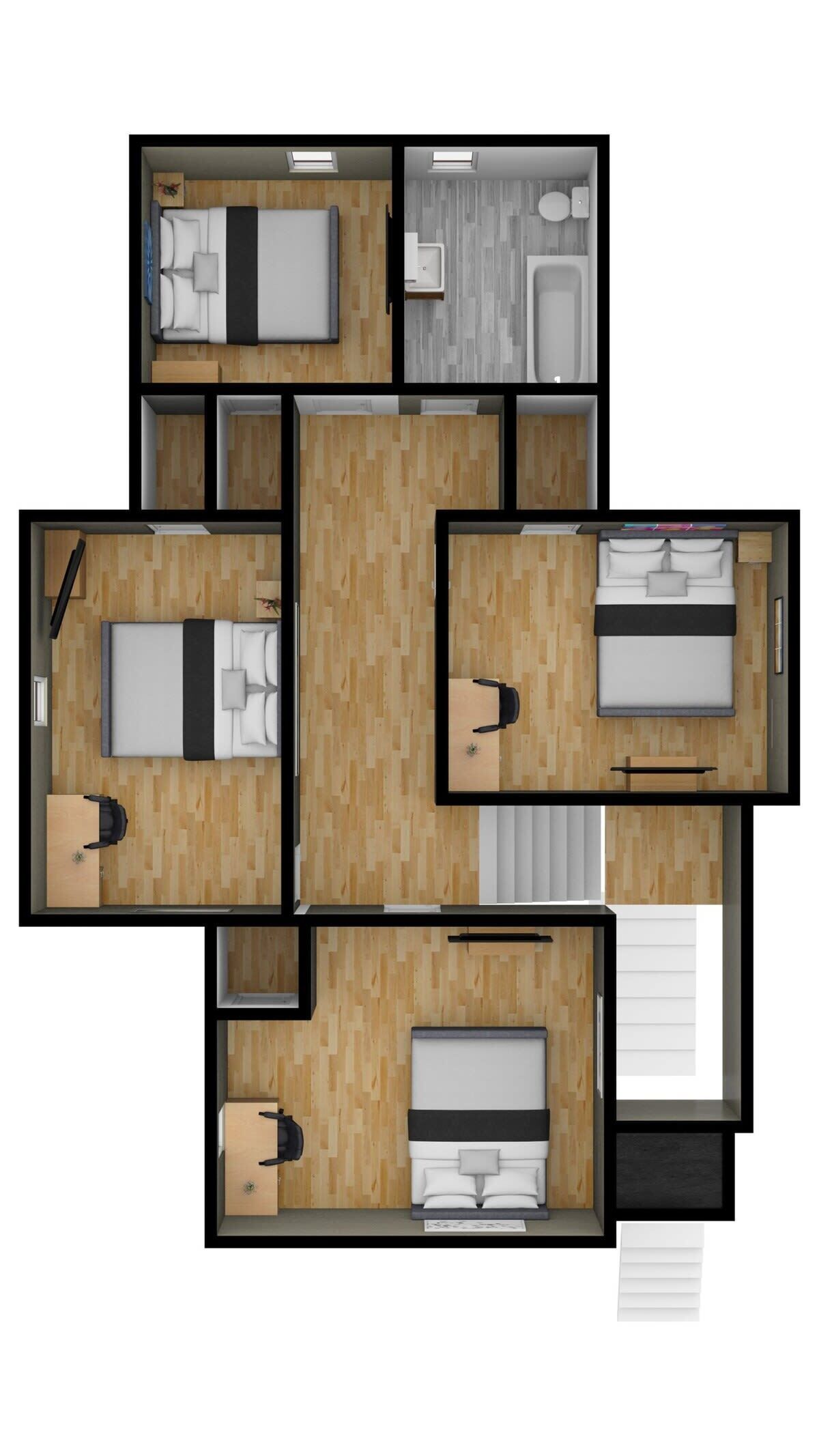 Indeling van een vierkamerappartement met badkamer, kitchenette en twee slaapkamers.