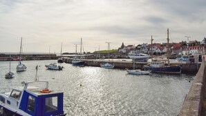 Ein Hafen mit vertäuten Booten, einer Uferpromenade und Gebäuden im Hintergrund.