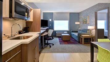 Desk, laptop workspace, blackout curtains, iron/ironing board