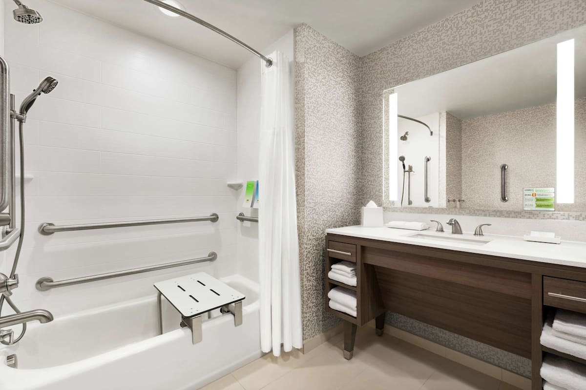 Eco-friendly toiletries, hair dryer, towels, soap