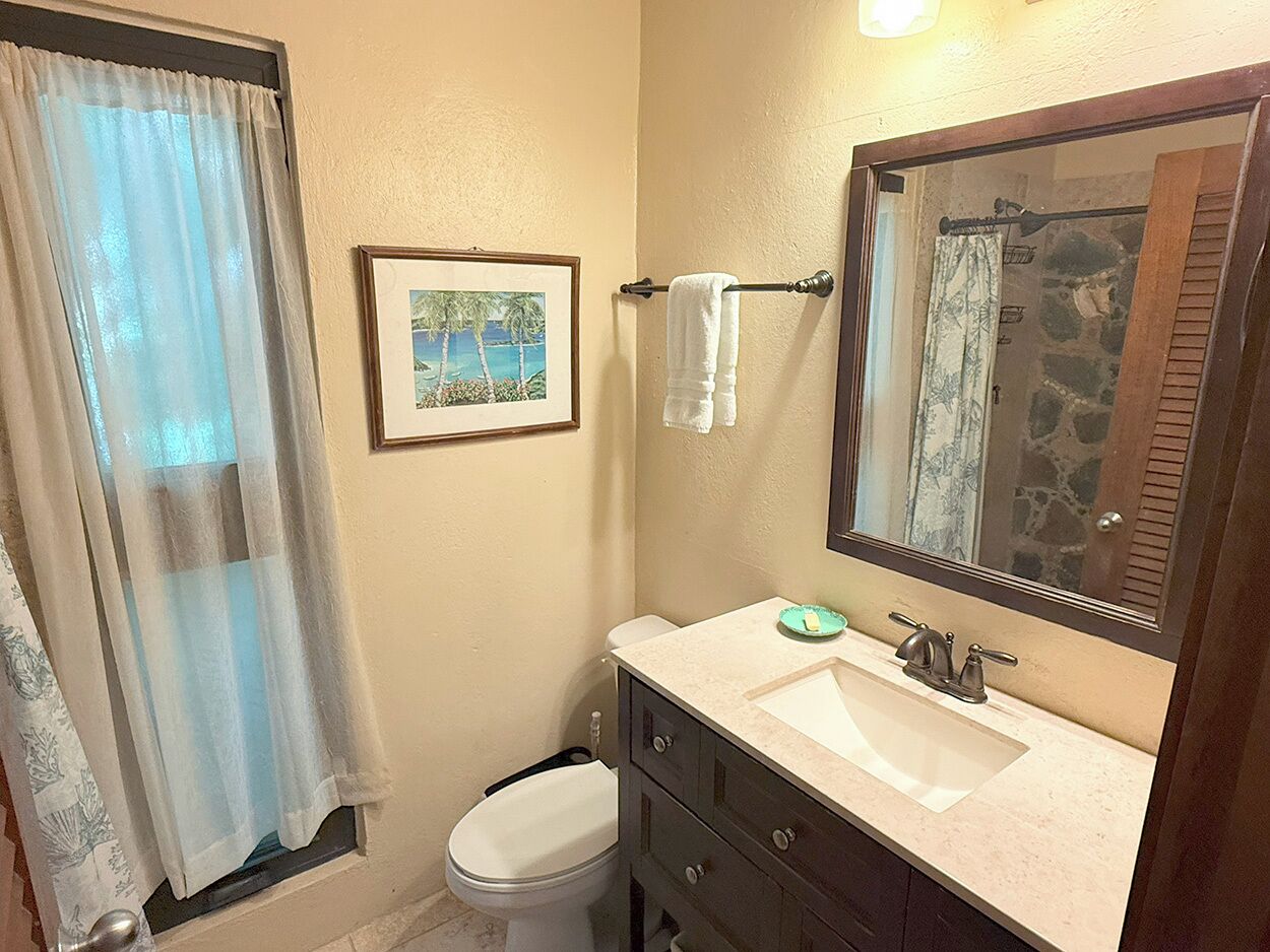 A bathroom with a toilet, sink, and a large mirror.