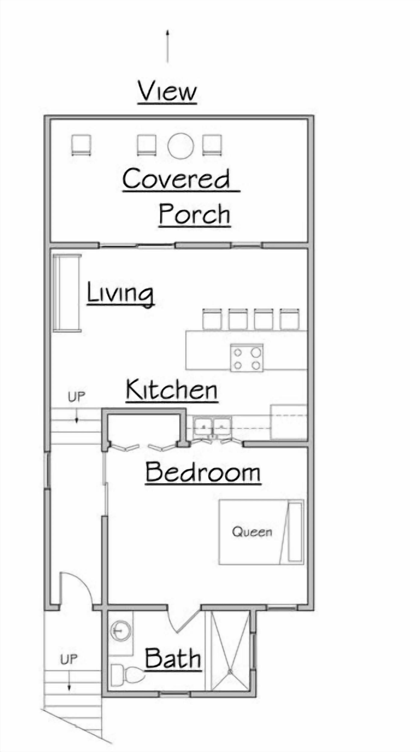 En planritning över ett hus med en inglasad veranda, vardagsrum, kök, sovrum och badrum.