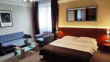 Desk, laptop workspace, blackout curtains, iron/ironing board