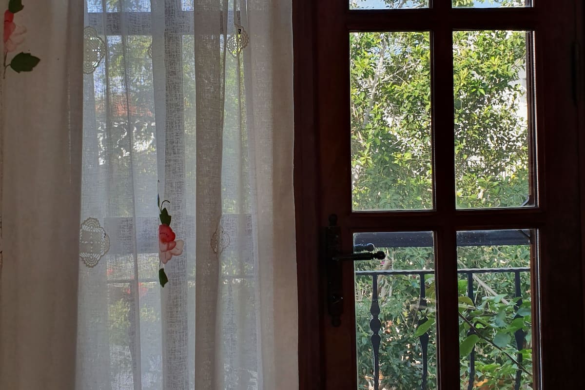 Eine Holztür mit Glasfenster, ein weißer Vorhang mit floralem Muster und Blick ins Grüne.