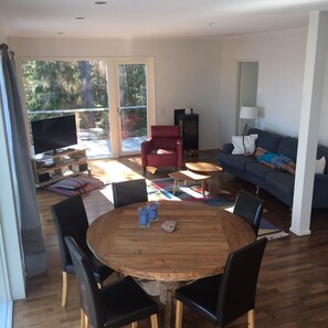 Fernseher, Kamin, Bücher, Stereoanlage