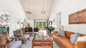 Smart TV, fireplace, books, music library