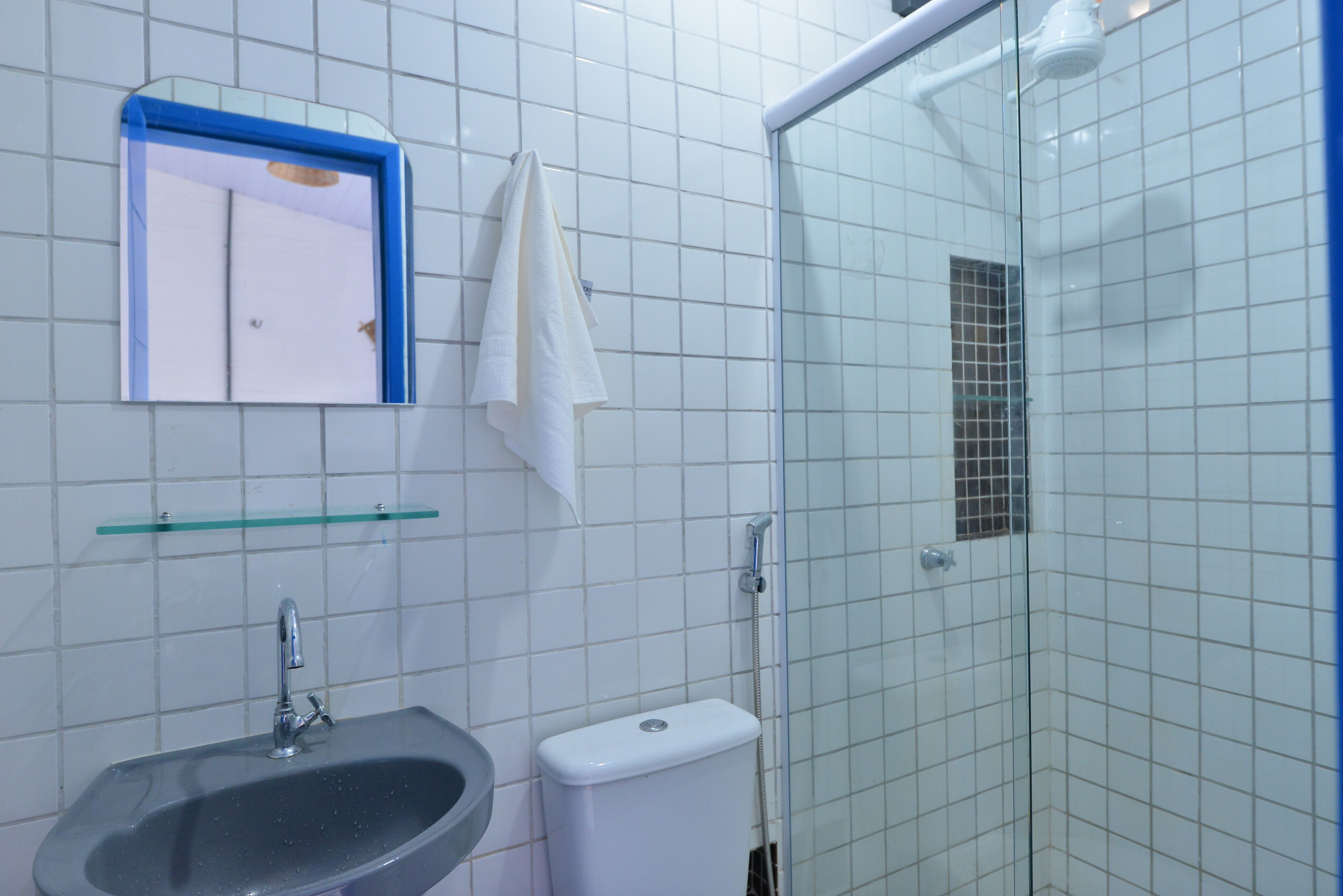 Shower, towels, soap, toilet paper