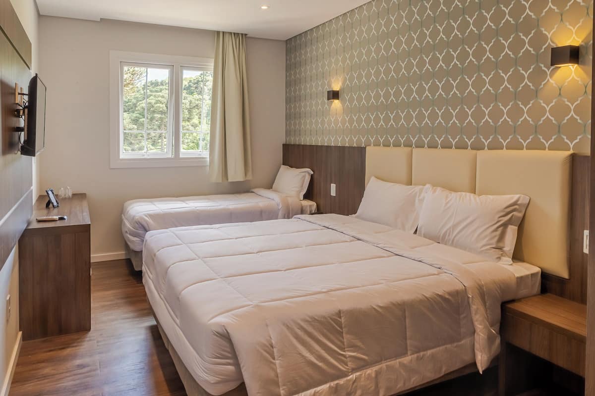 Habitación de hotel con dos camas, una mesita de noche de madera, un televisor y una ventana con cortinas.