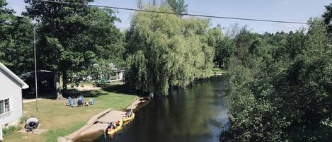 Een rivier met een smalle betonnen looppad, omringd door weelderige begroeiing en bomen.