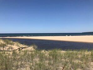 Ein Strand mit Sand und vereinzelten Grasbüscheln im Vordergrund.