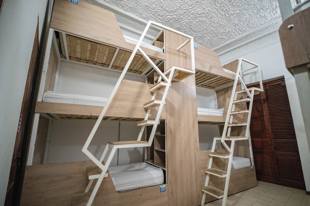 Un lit superposé avec une échelle blanche et une tête de lit en bois.
