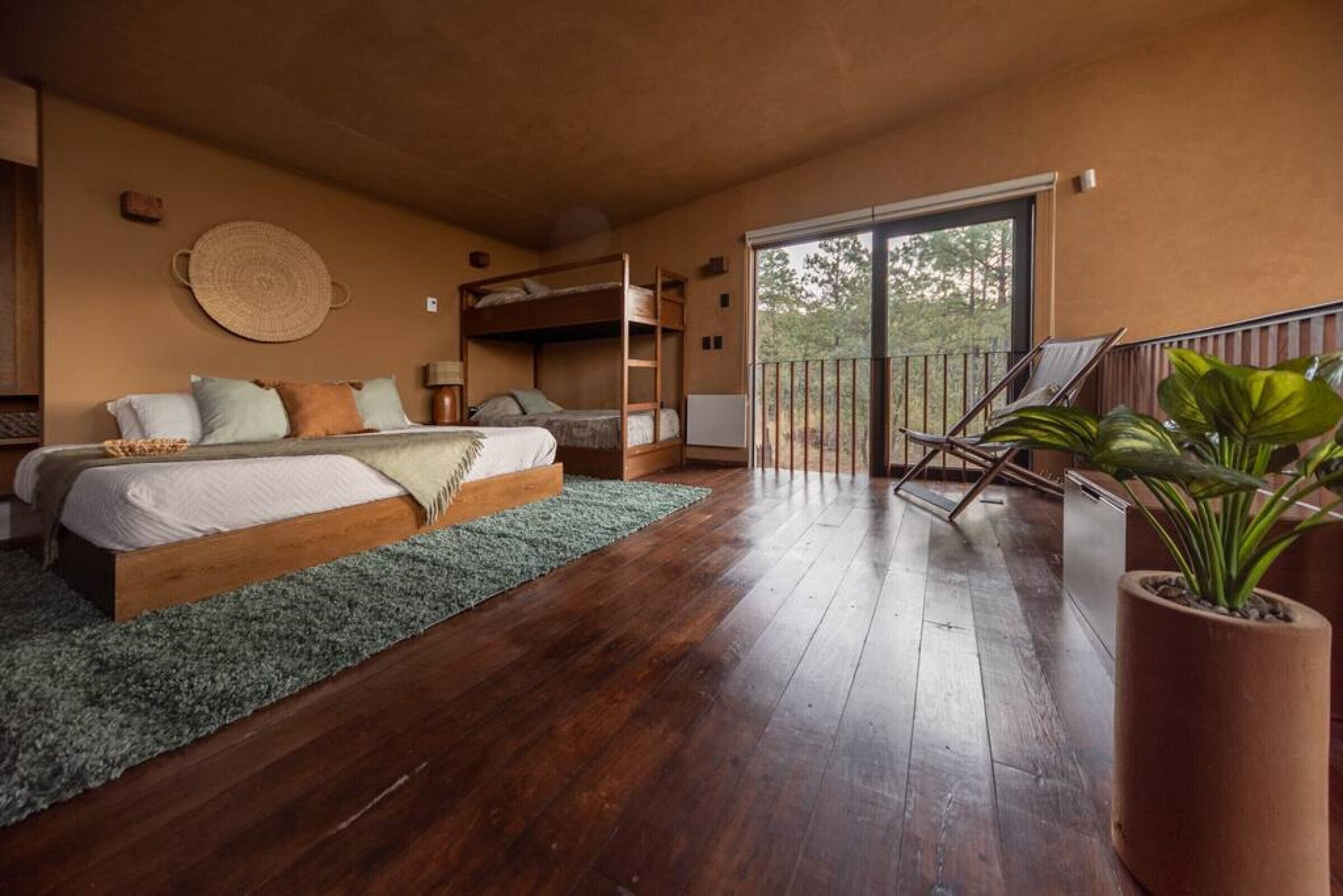 A bedroom with a bunk bed, a balcony with chairs, and a large potted plant.
