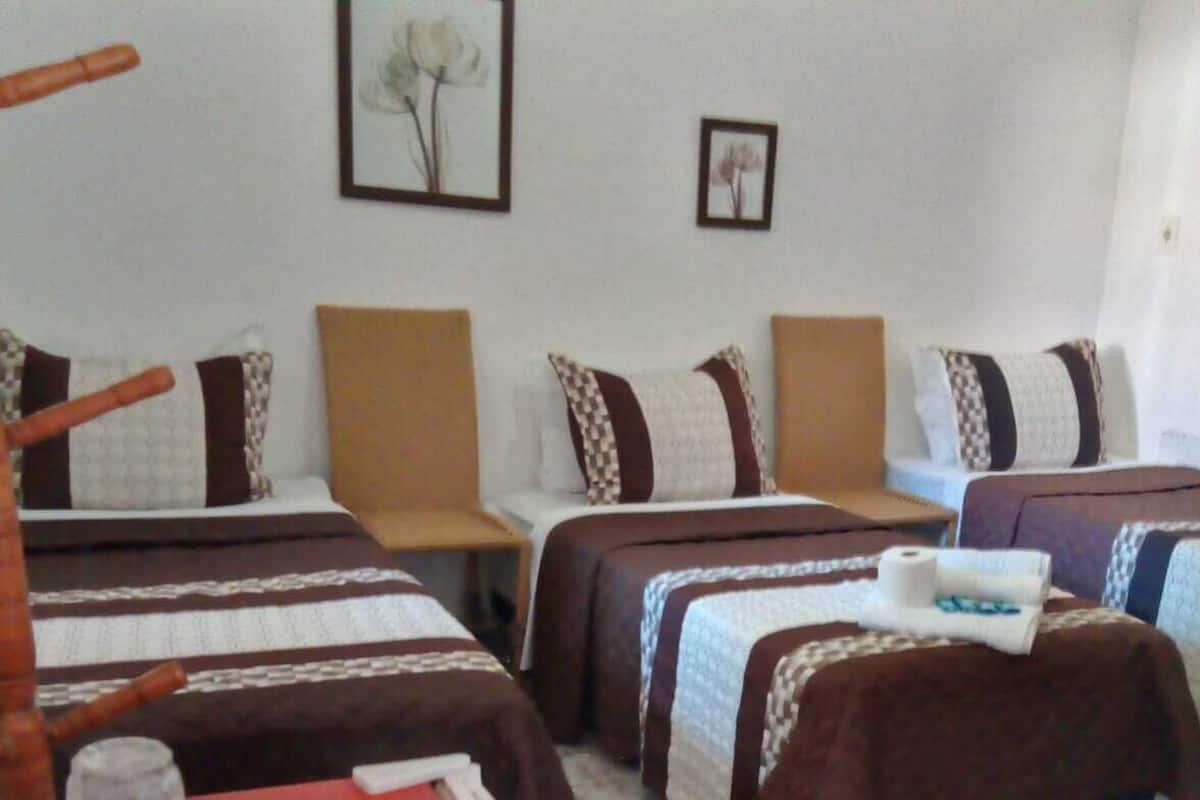 Une chambre d’hôtel avec trois lits simples, chacun recouvert d’une couverture à rayures marron et blanches, assortie aux oreillers. Un tableau encadré est accroché au mur, au-dessus des lits.