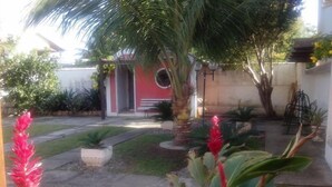 Un jardín con una palmera, una puerta roja y un banco.