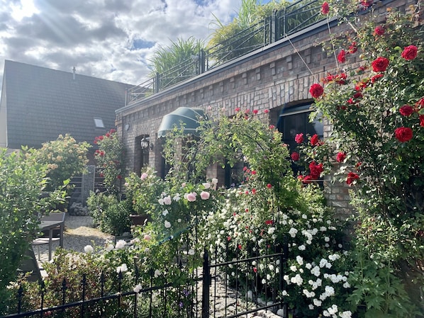Une cour avec un bâtiment en briques, un auvent vert et une variété de plantes à fleurs.