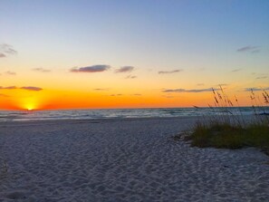 On the beach, sun-loungers, beach towels