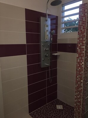Douche, sèche-cheveux, serviettes fournies, savon