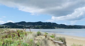 On the beach, sun loungers, beach towels