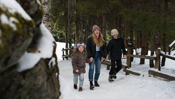 Una familia caminando por un sendero cubierto de nieve en un área boscosa con barandas de madera.