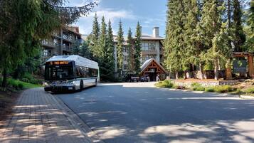 A bus labeled "Free Shuttle" approaching a lodge with a stone facade and a sign for "Blackcomb Springs Suites".