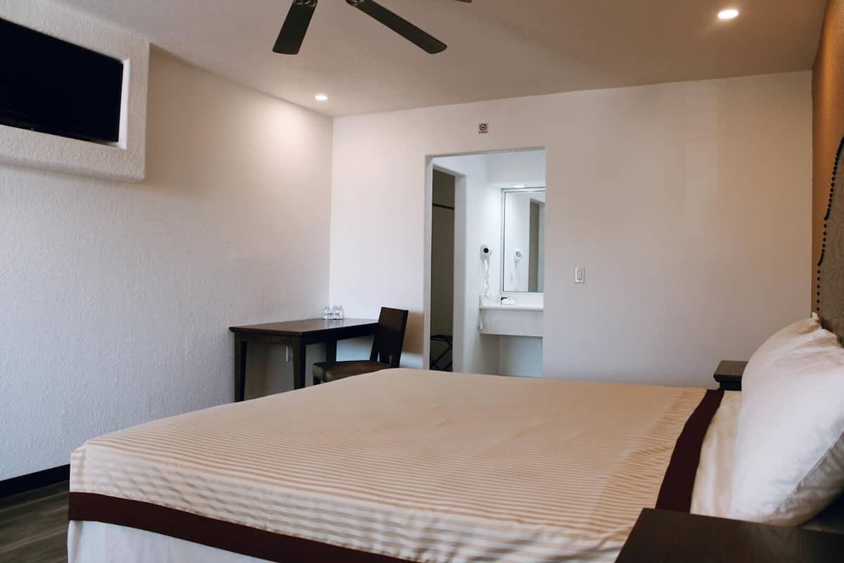 A hotel room with a bed, a desk, a chair, a mirror, and a ceiling fan.