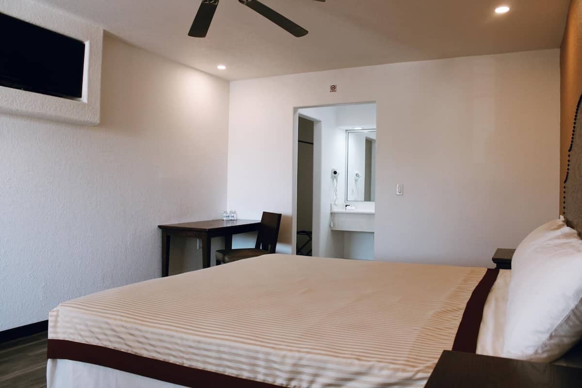 A hotel room with a bed, a desk, a chair, a mirror, and a ceiling fan.