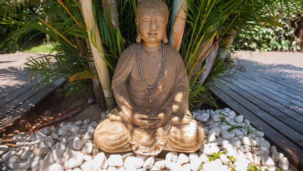 Une statue de Bouddha assis, entourée de petits galets blancs et de verdure.