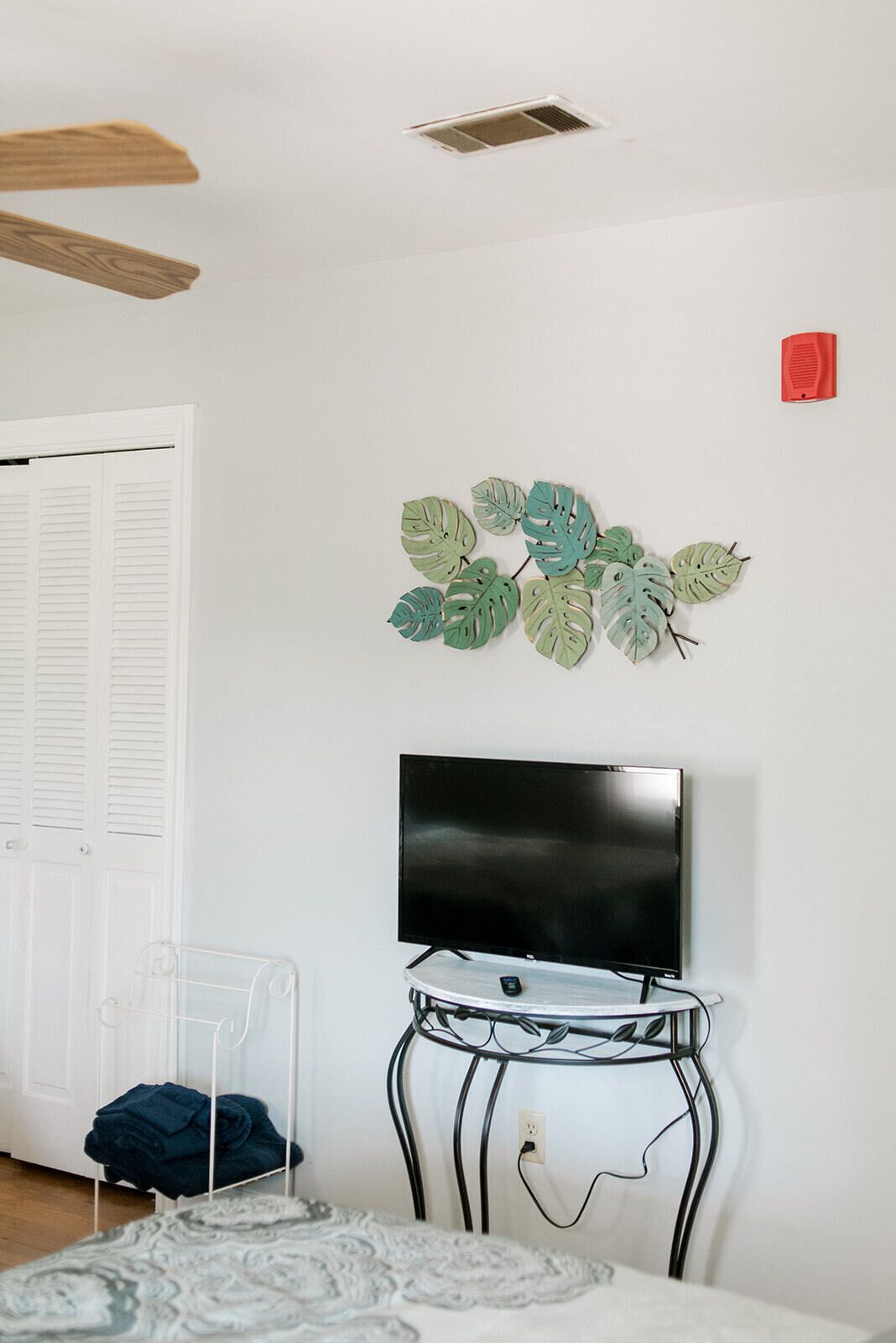 A room with a white door, a flat-screen TV mounted on the wall, a small table with a metal frame, and a decorative plant with green leaves.