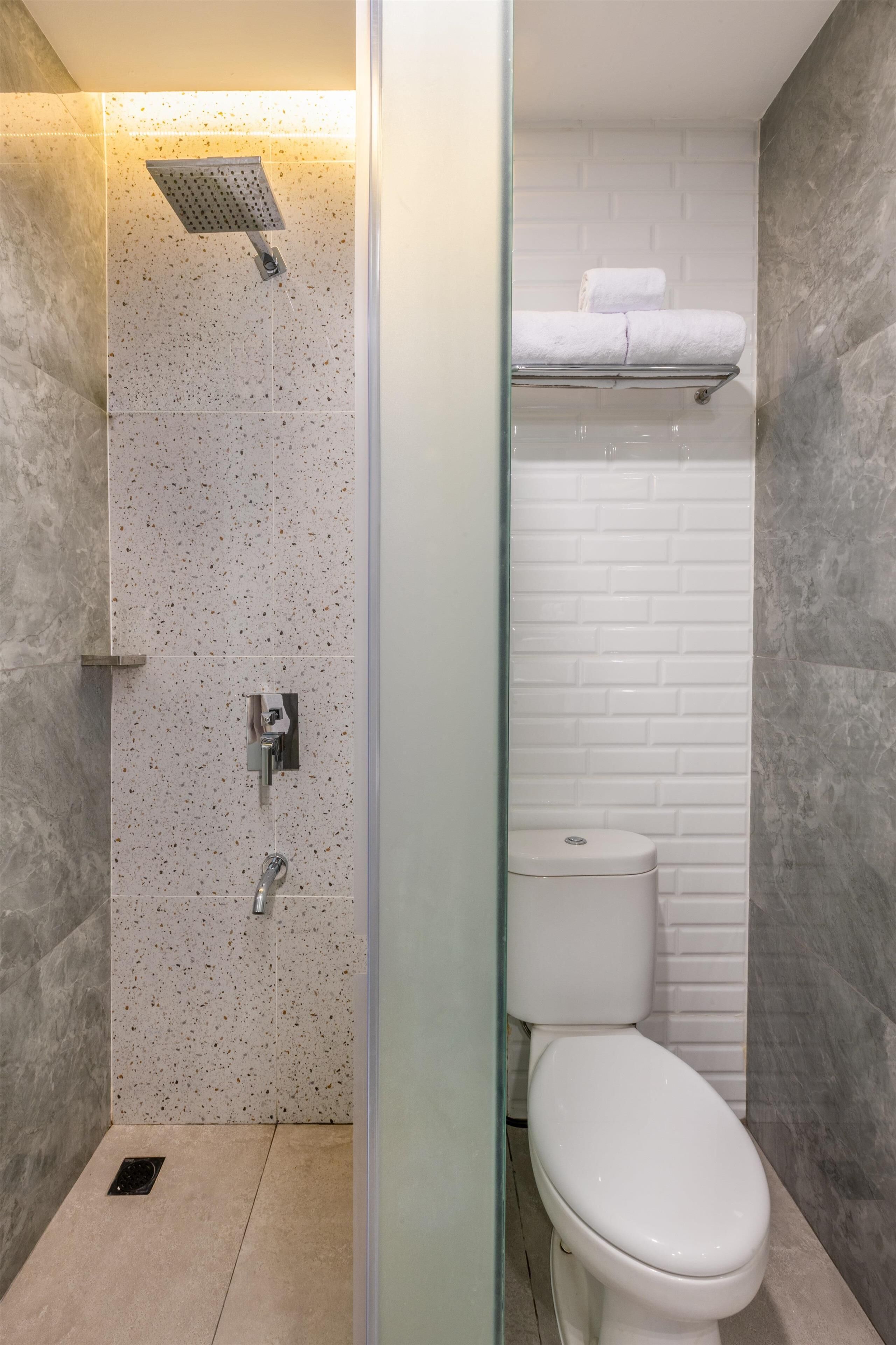 Une salle de bain moderne avec une douche à parois de verre, des toilettes blanches et un mur recouvert de carreaux.