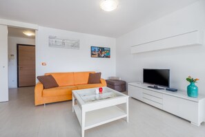 Un salon moderne avec un canapé, une table basse, un téléviseur et un vase.