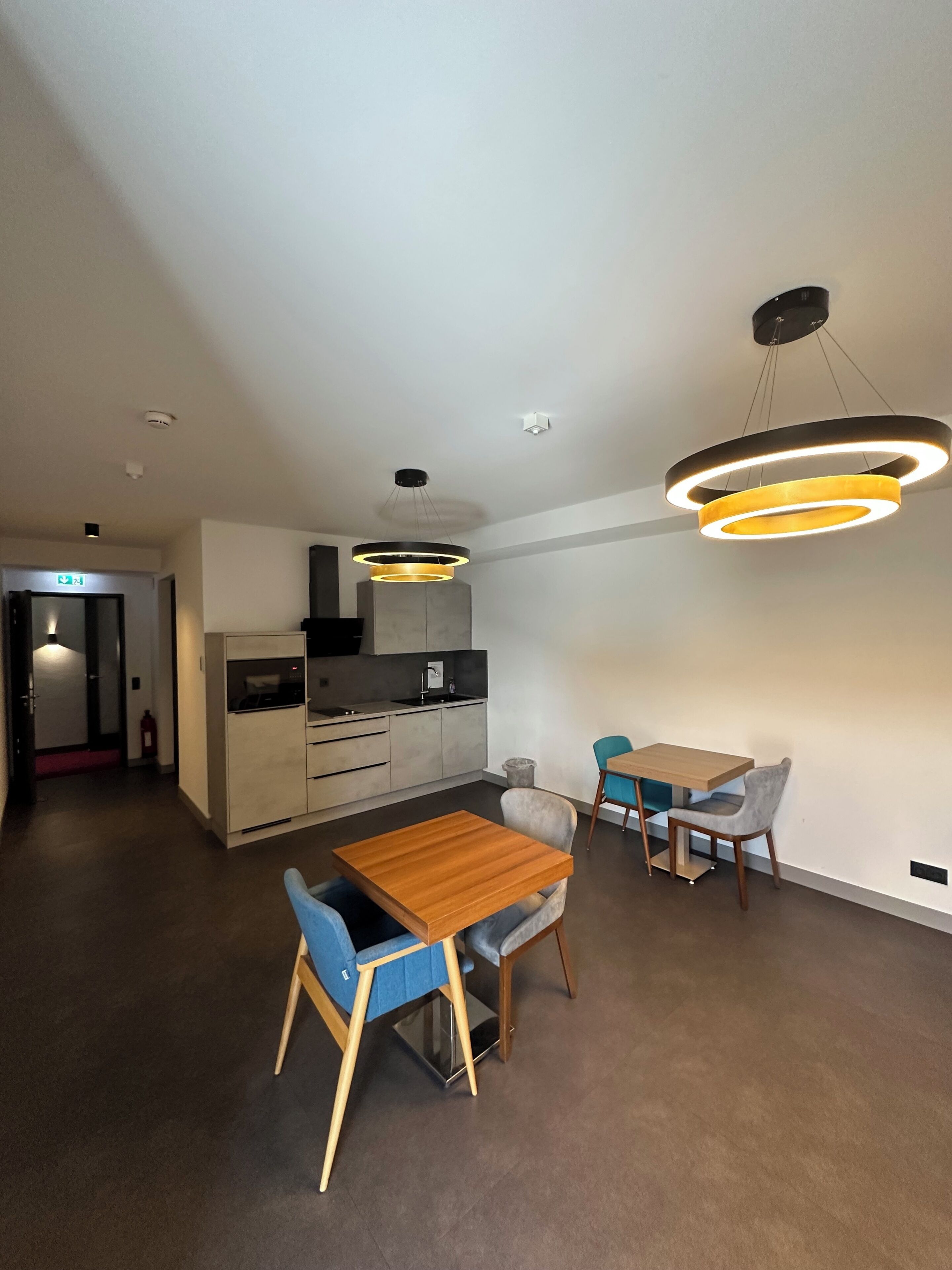 Une cuisine moderne dotée d’appareils électroménagers intégrés, un coin repas avec une table et des chaises en bois, et un luminaire circulaire original.
