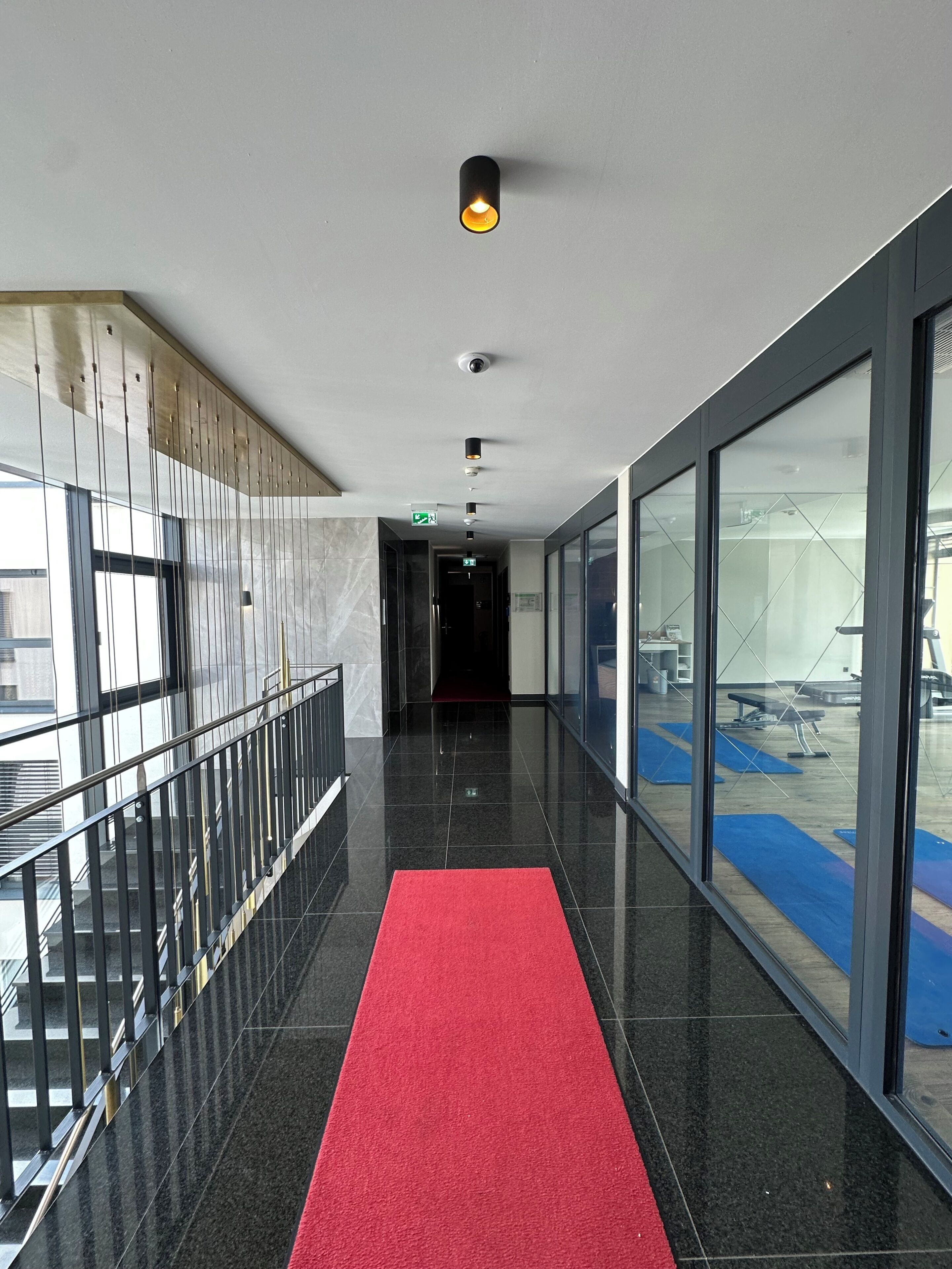 A corridor with a red carpet, glass walls, and a ceiling light fixture.