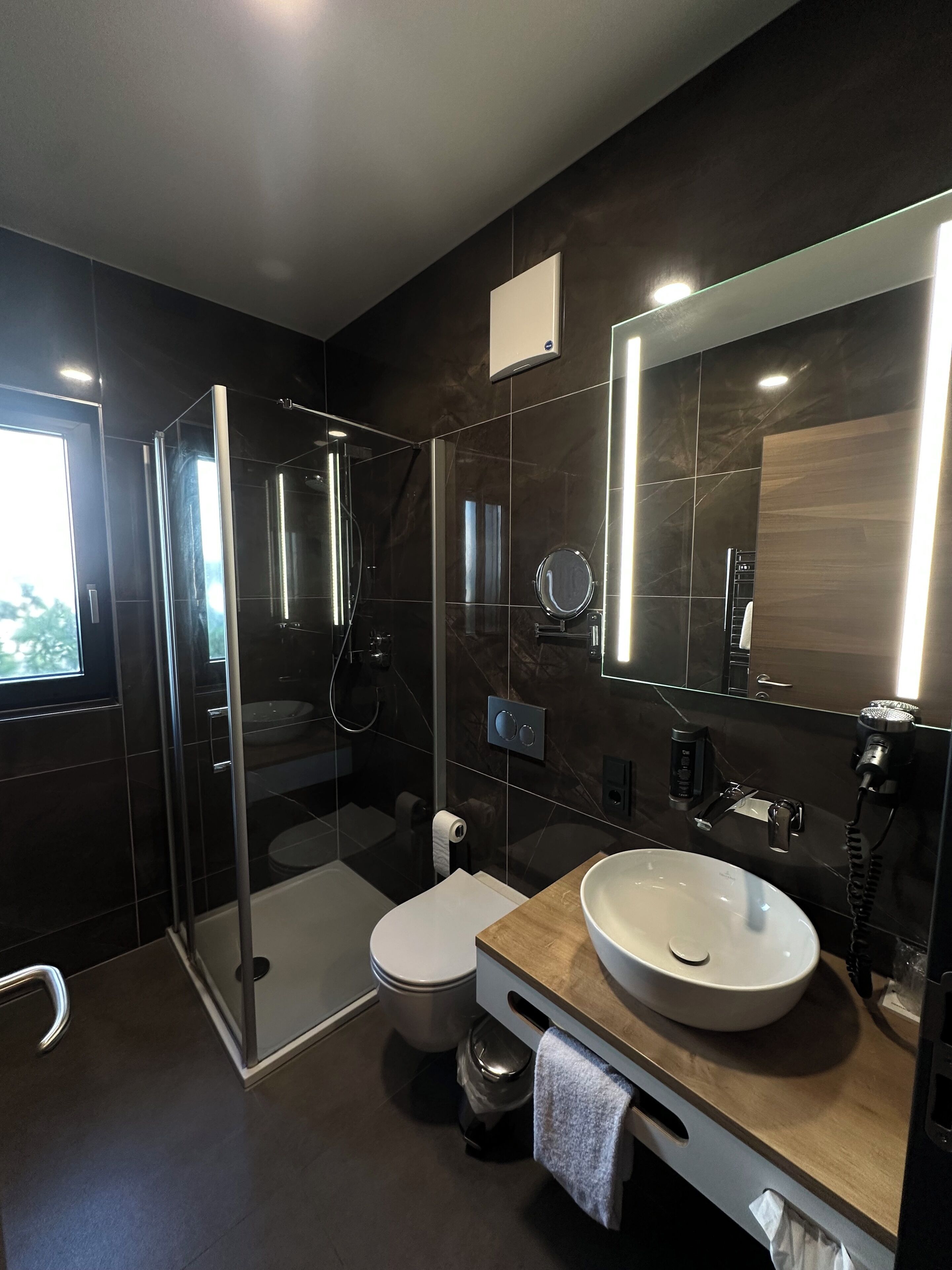 A modern bathroom with a glass-enclosed shower, a white toilet, a large mirror, and a wooden vanity with a sink.