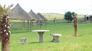 A grassy area with a stone table and two stone benches, surrounded by palm trees and a fence. - Lily Villa Country Lodge (Emalahleni)