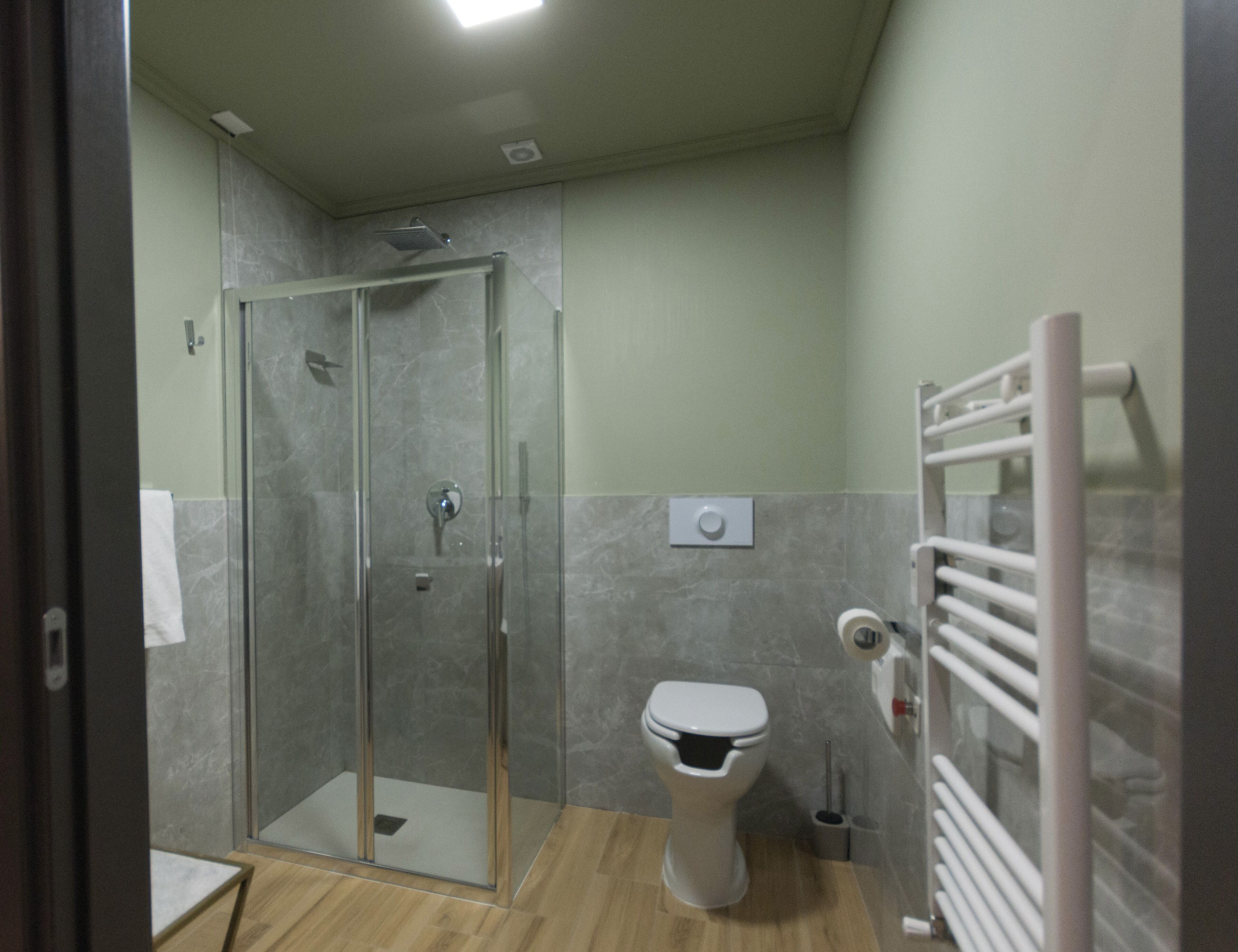 A bathroom with a glass-enclosed shower, a toilet, and a towel rack.
