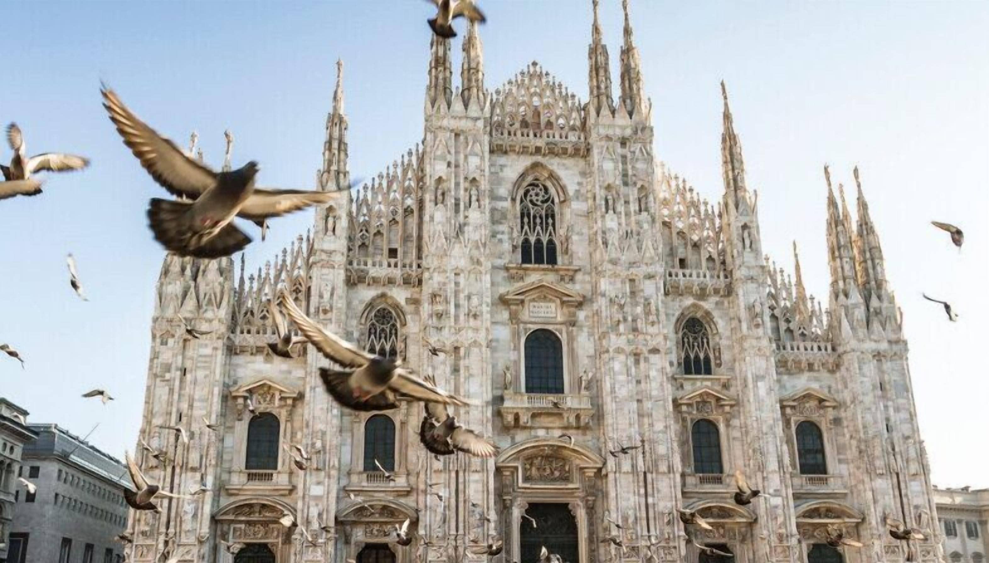 A grand cathedral with intricate Gothic architecture, featuring numerous spires and detailed stonework.