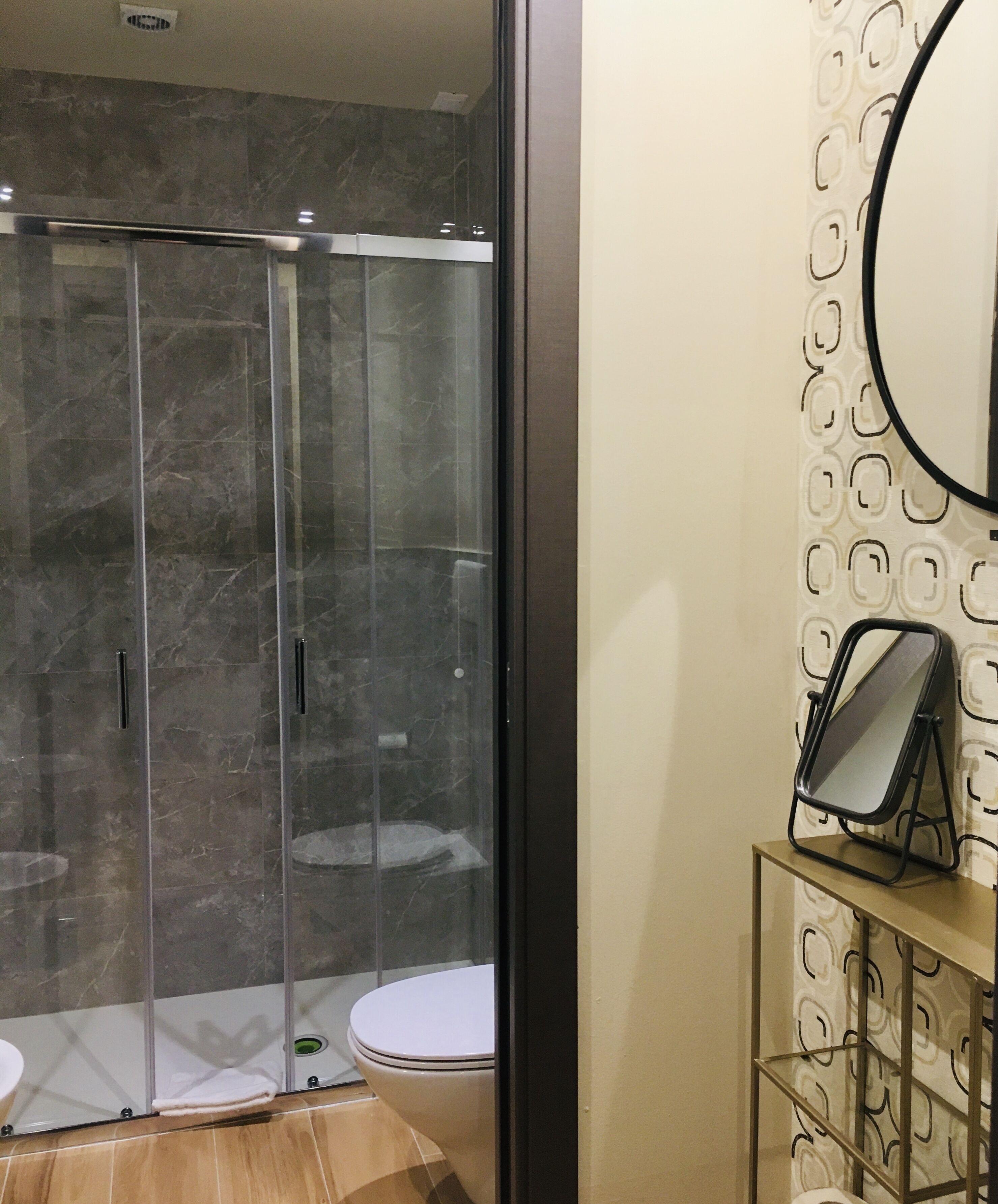 A bathroom with a glass-enclosed shower, a toilet, and a vanity with a mirror.