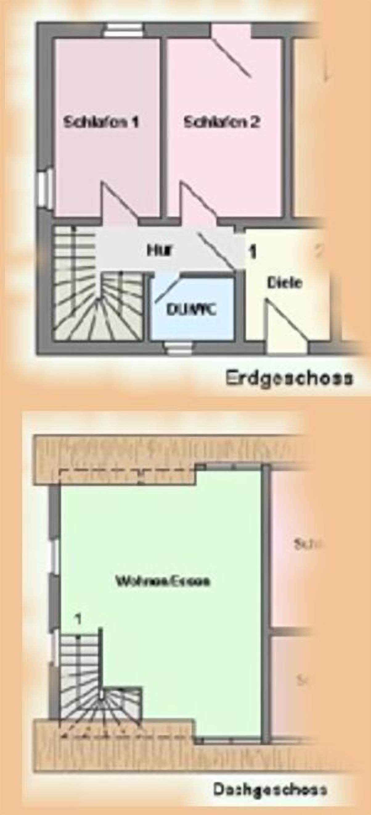 Planta baixa com dois quartos, um banheiro, uma cozinha e uma sala de estar.