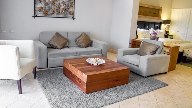 Ein Wohnzimmer mit einem grauen Sofa, einem weißen Sessel und einem Holztisch.