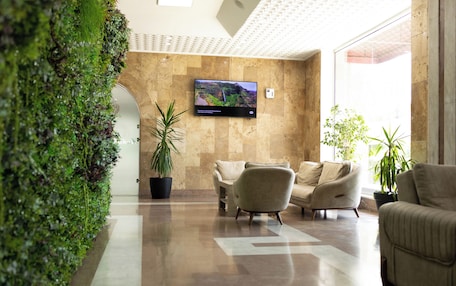 A modern lobby with a large TV on the wall, two sofas, and a green wall with plants.