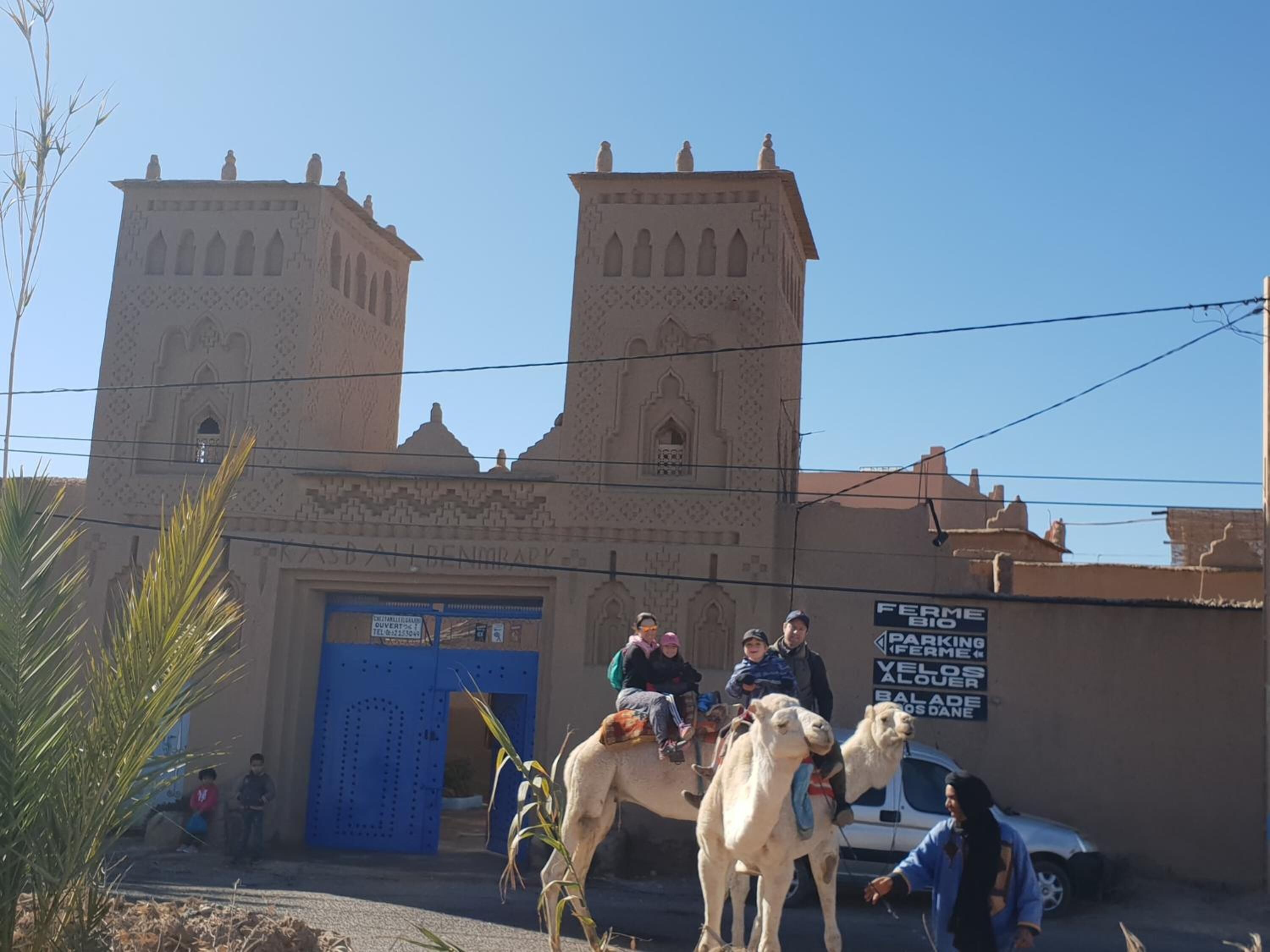 A building with two towers and a blue door, with people and camels in front.